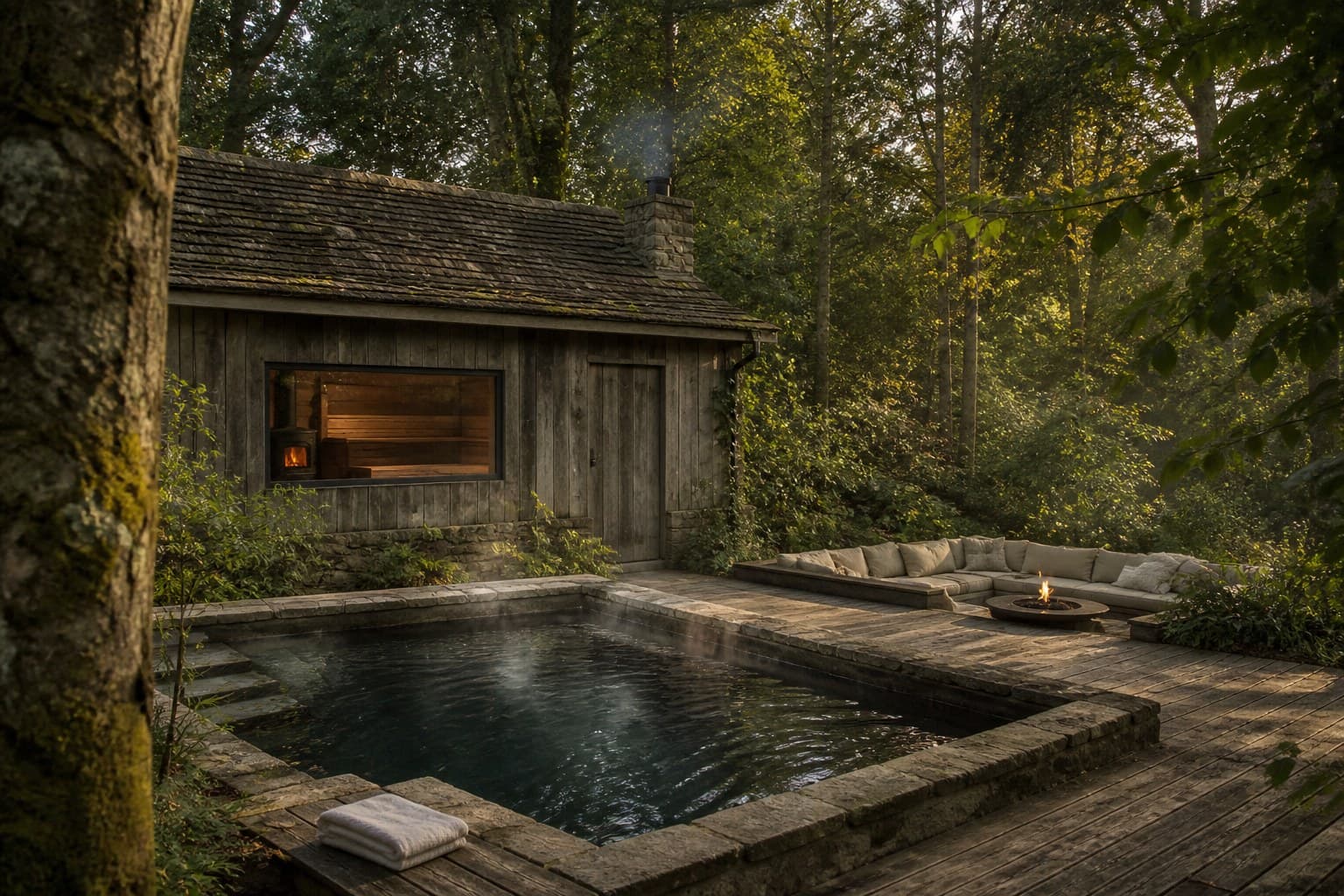Concept visualisation — outdoor wellness spa set within mature Kent woodland, with rustic timber sauna, cold plunge, and sunken seating area at golden hour.