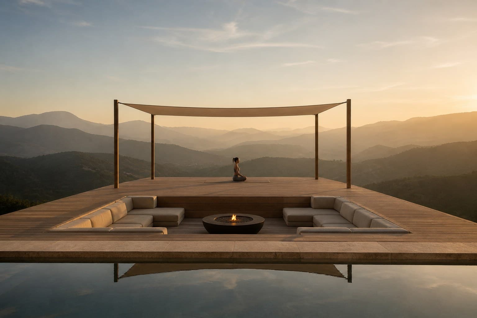 Yoga pavilion on cantilevered timber decking with sunken seating area and firepit, overlooking the Benahavís mountain range at golden hour.